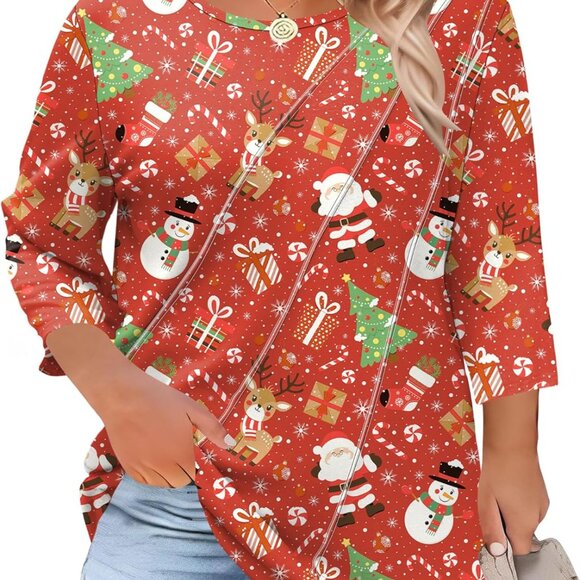 Elegant Plus Size 3/4 Sleeve Blouse with Pleated Crewneck in Red Christmas Print - Picture 1 of 6